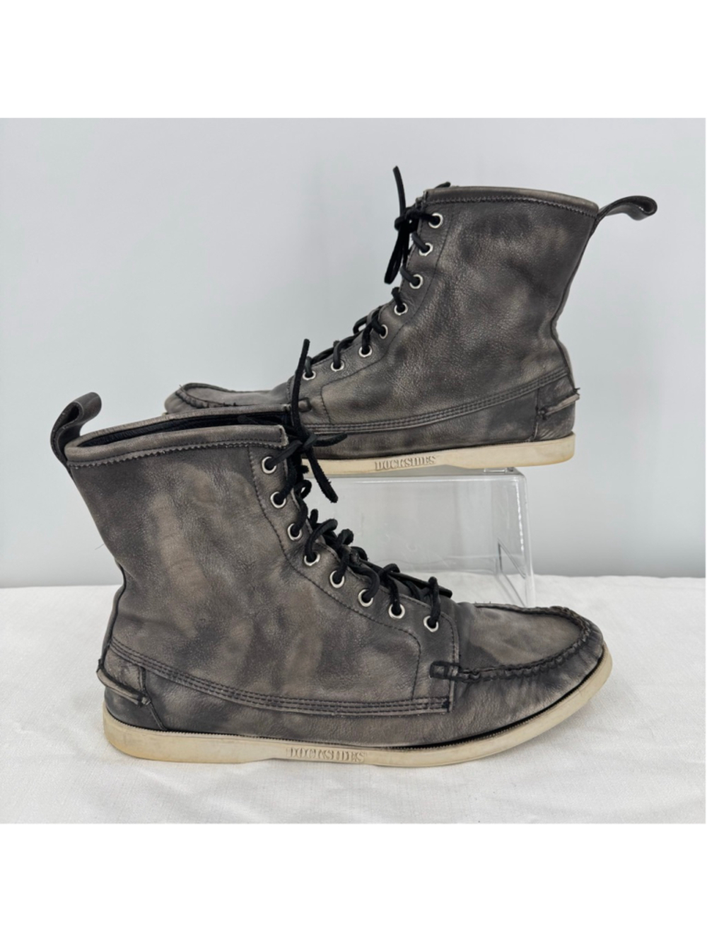 Sebago Docksides Men's Leather High Top Sneakers Distressed Gray Lace Up Size 12